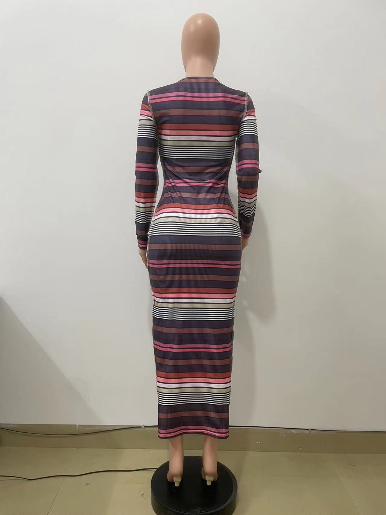 Women Ribbed Printed Stripe Round Neck Long Sleeve Dress 11