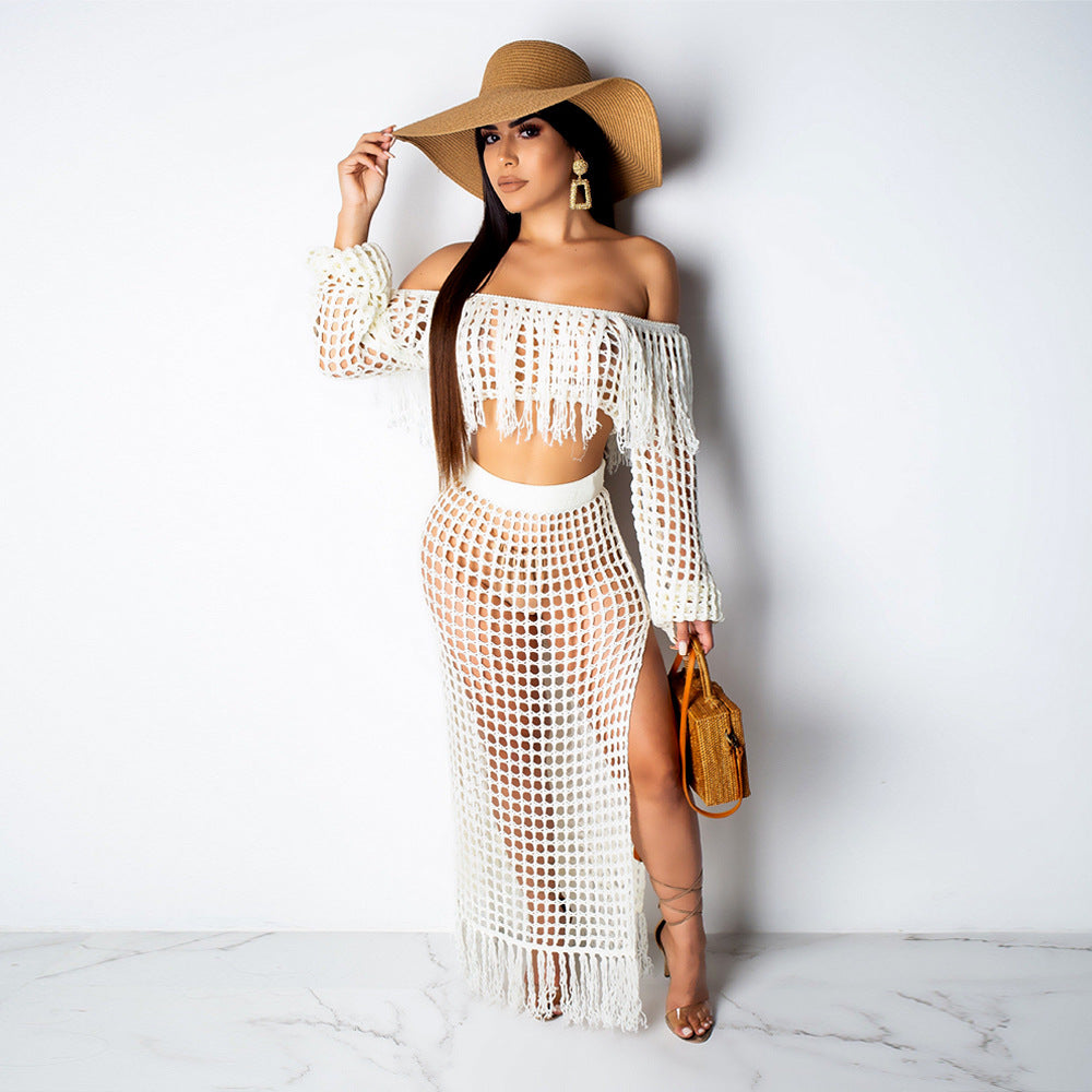 Summer Hollow Sexy Fashion Mesh Tassel See-Through Two-Piece Skirt Set 4