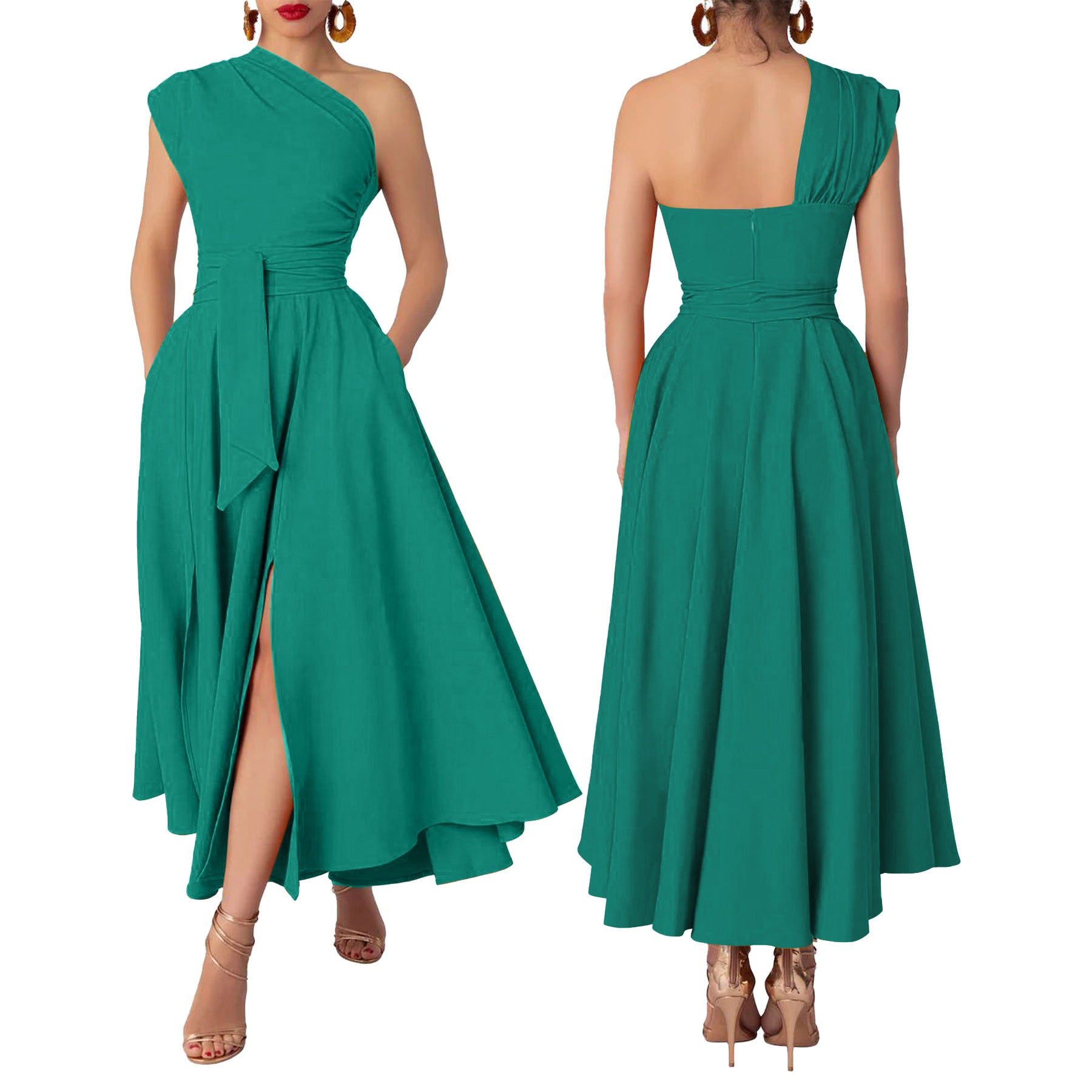 Summer Fashion Women's Sleeveless Slash Shoulder Solid Color Slim Waist Slit A-Line Dress 3