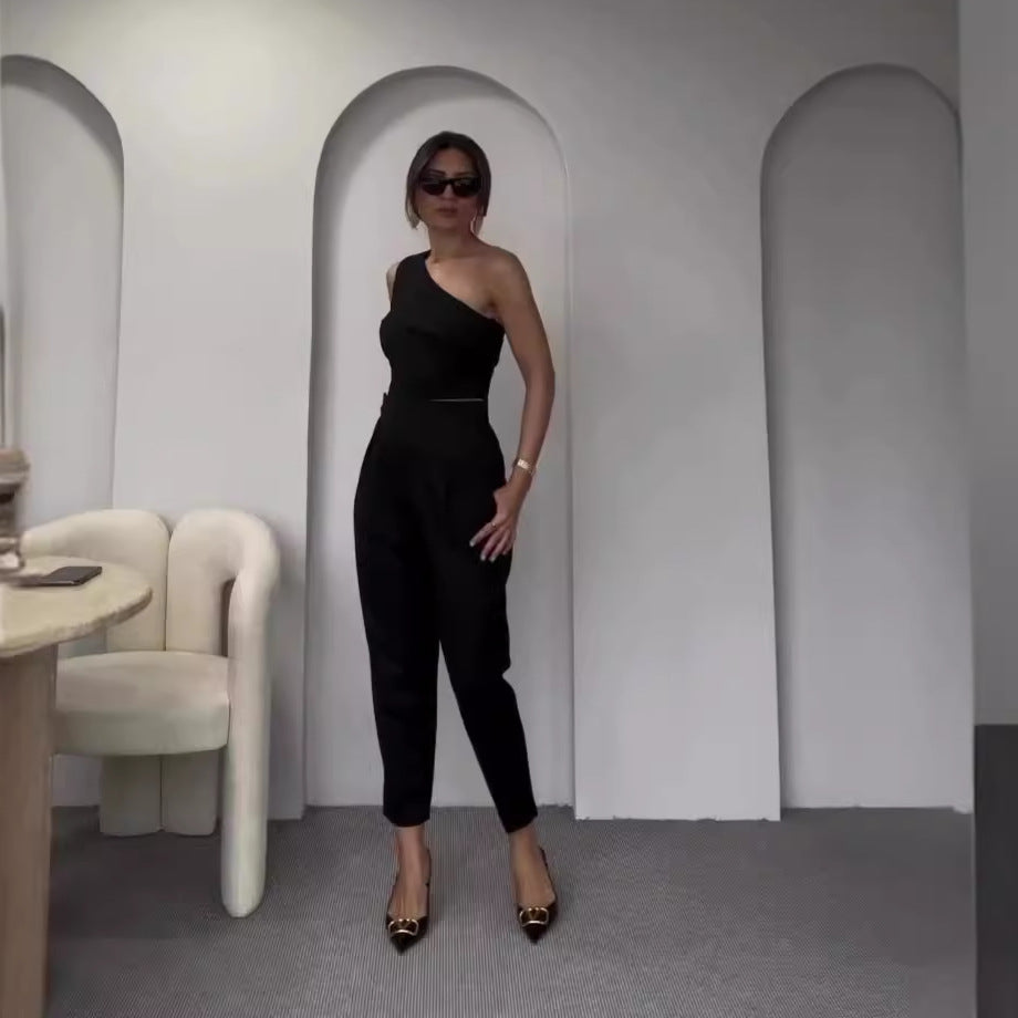 Summer Slash Shoulder Halter Neck Slim Top High Waist Straight Pants Set 4