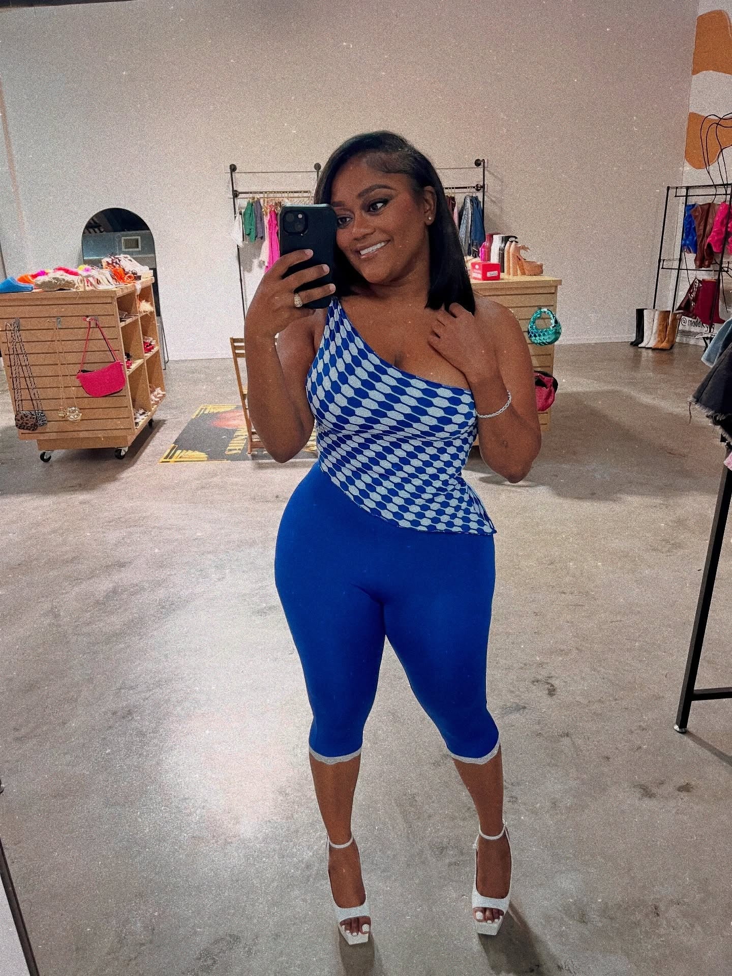 Women's Blue White Checkerboard One-Shoulder Top Tight Fitting Shorts Two-Piece Set