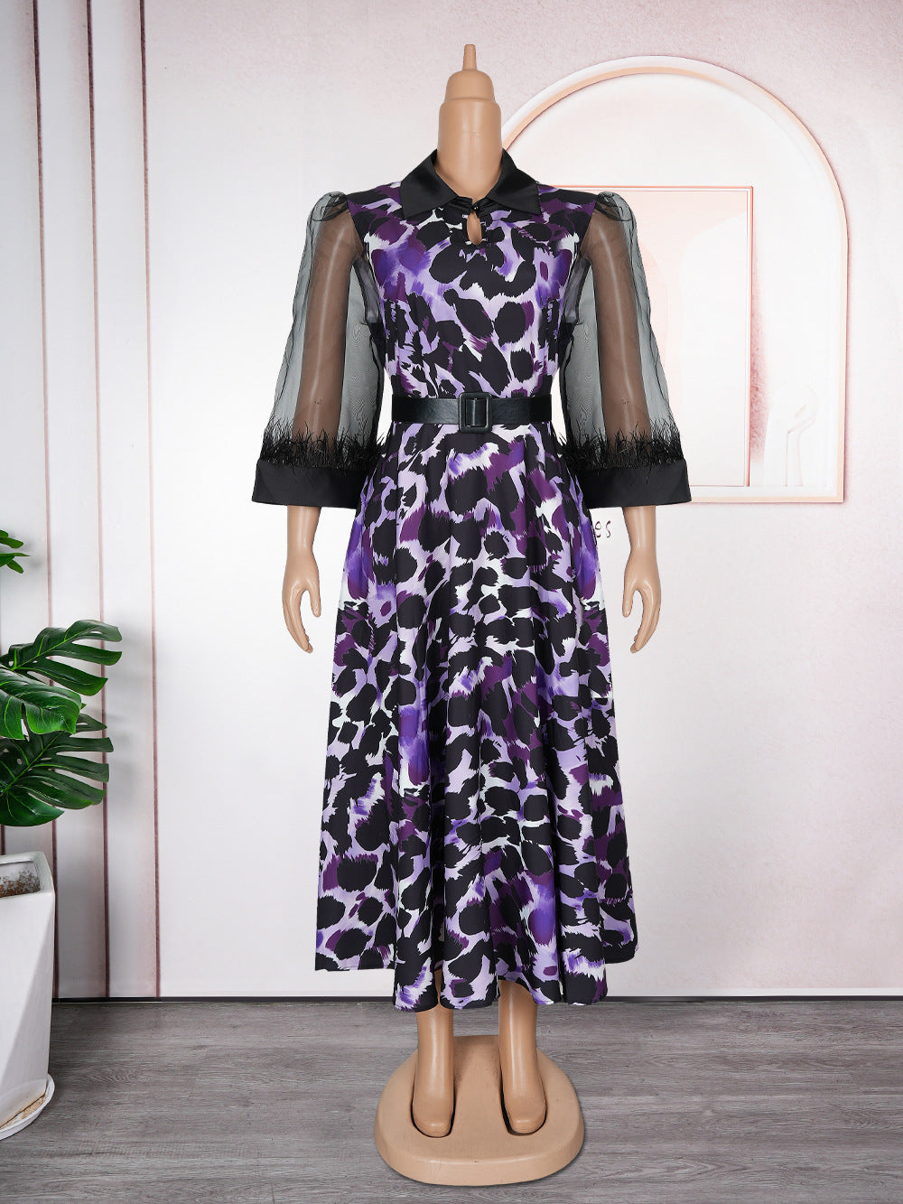 Plus Size African Women Three-quarter Sleeve Black Feather Turndown Collar Print Dress 7