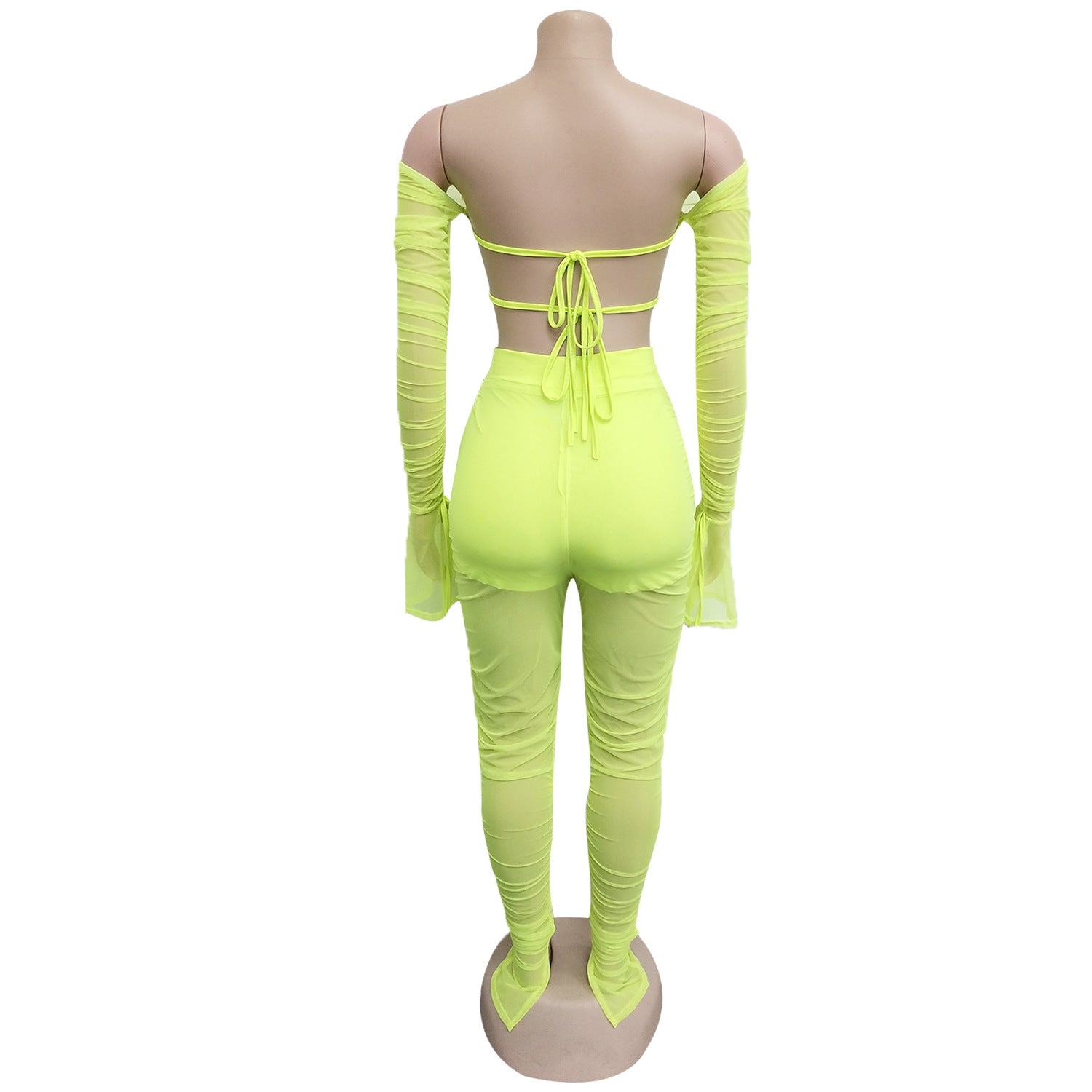 Women Sexy Solid Elastic Pleated Top and Pants Two-Piece Set 6