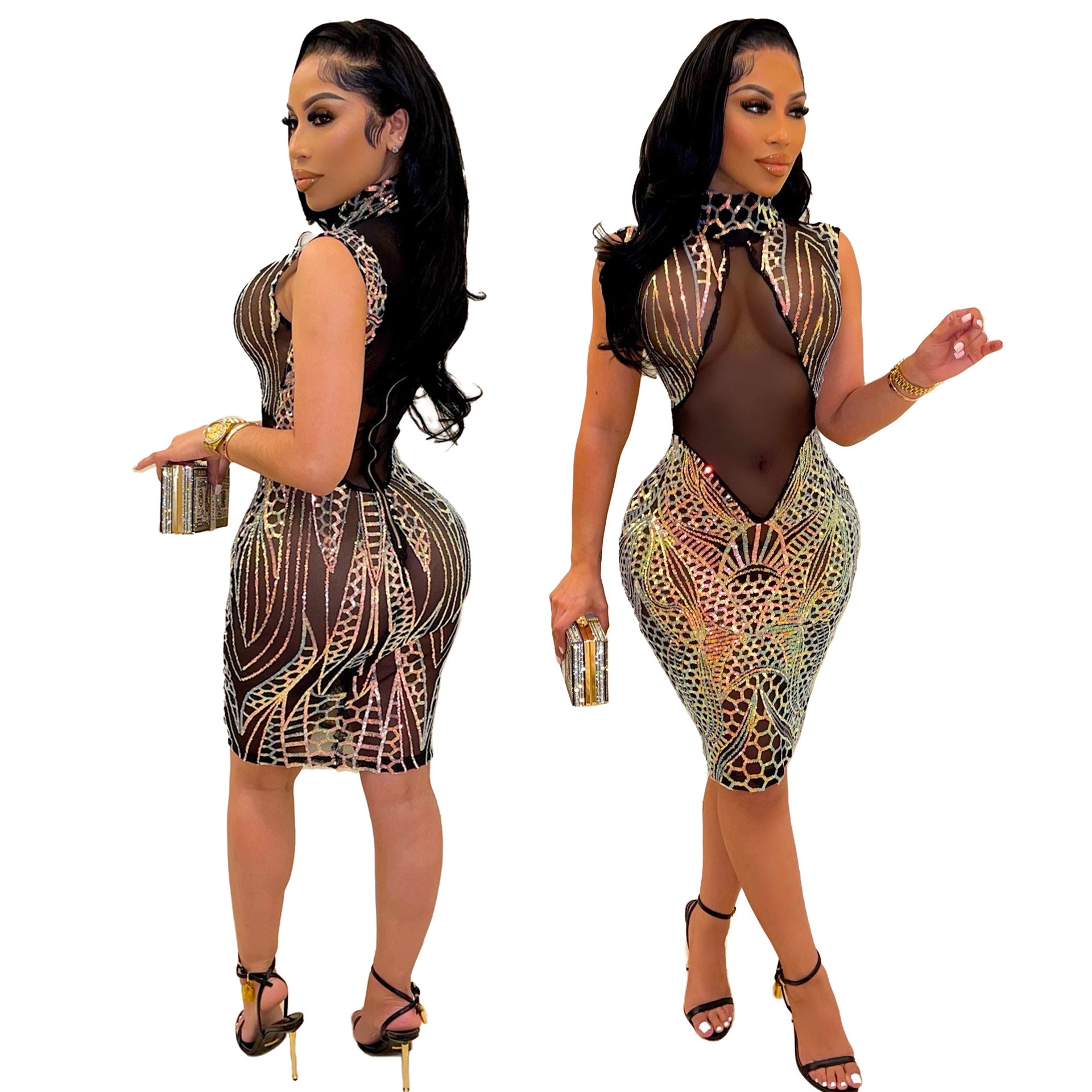 Women's Sequin Dress Slim Nightclub Sexy See-Through Bodycon Dress