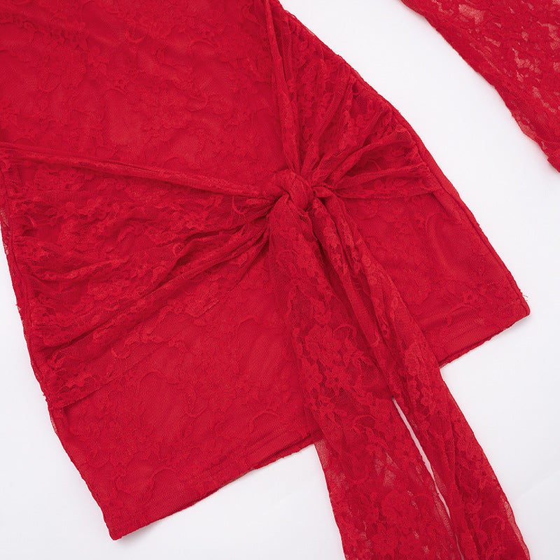 Autumn Women's Solid Color Lace-Up Sexy Lace Long Sleeve Ribbon Short Dress 20