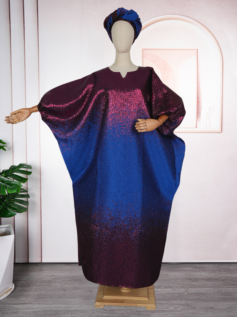 Plus Size African Women Bat Sleeves Colorblock Dress 3