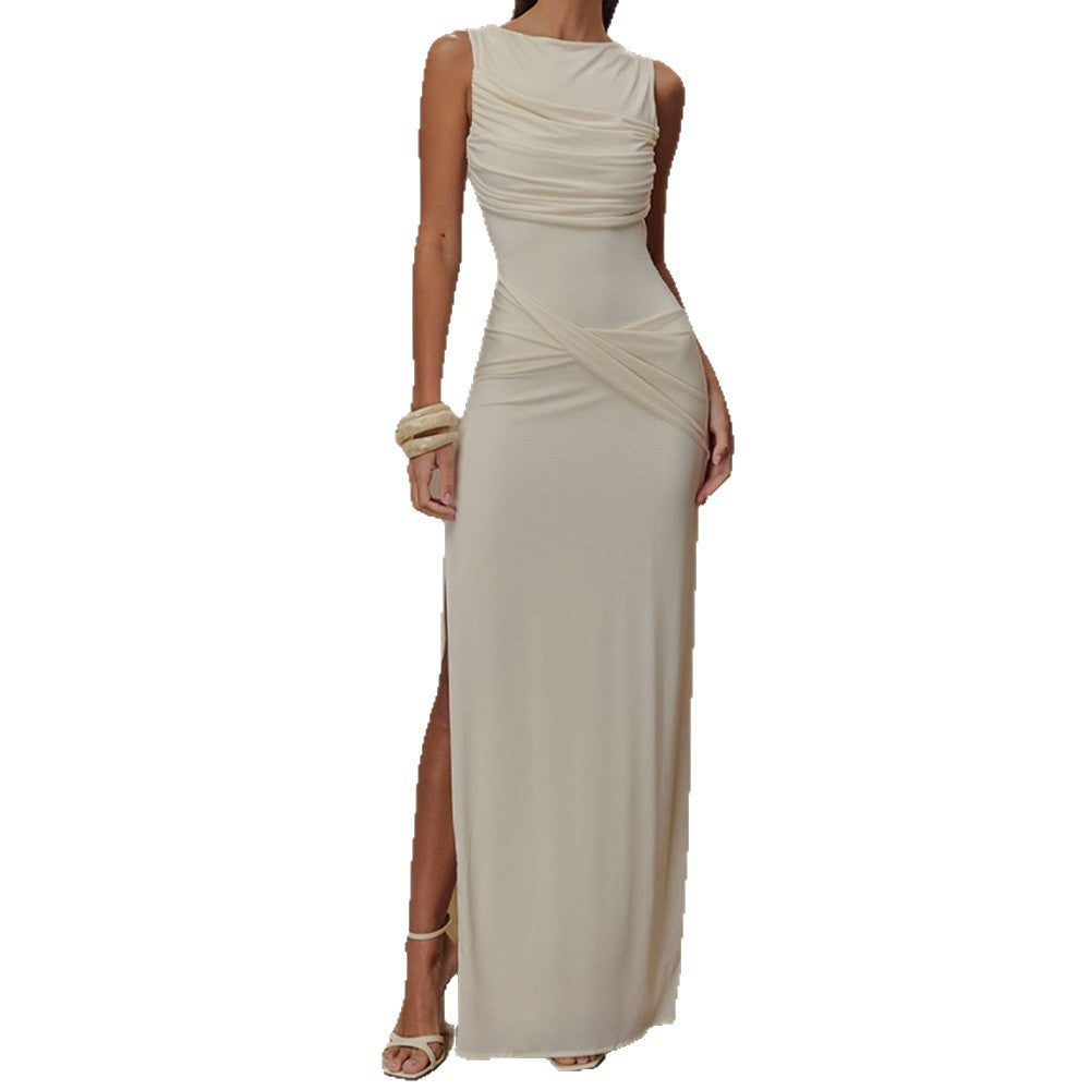 Women Summer Round Neck Backless Sleeveless Pleated Slit Dress 7
