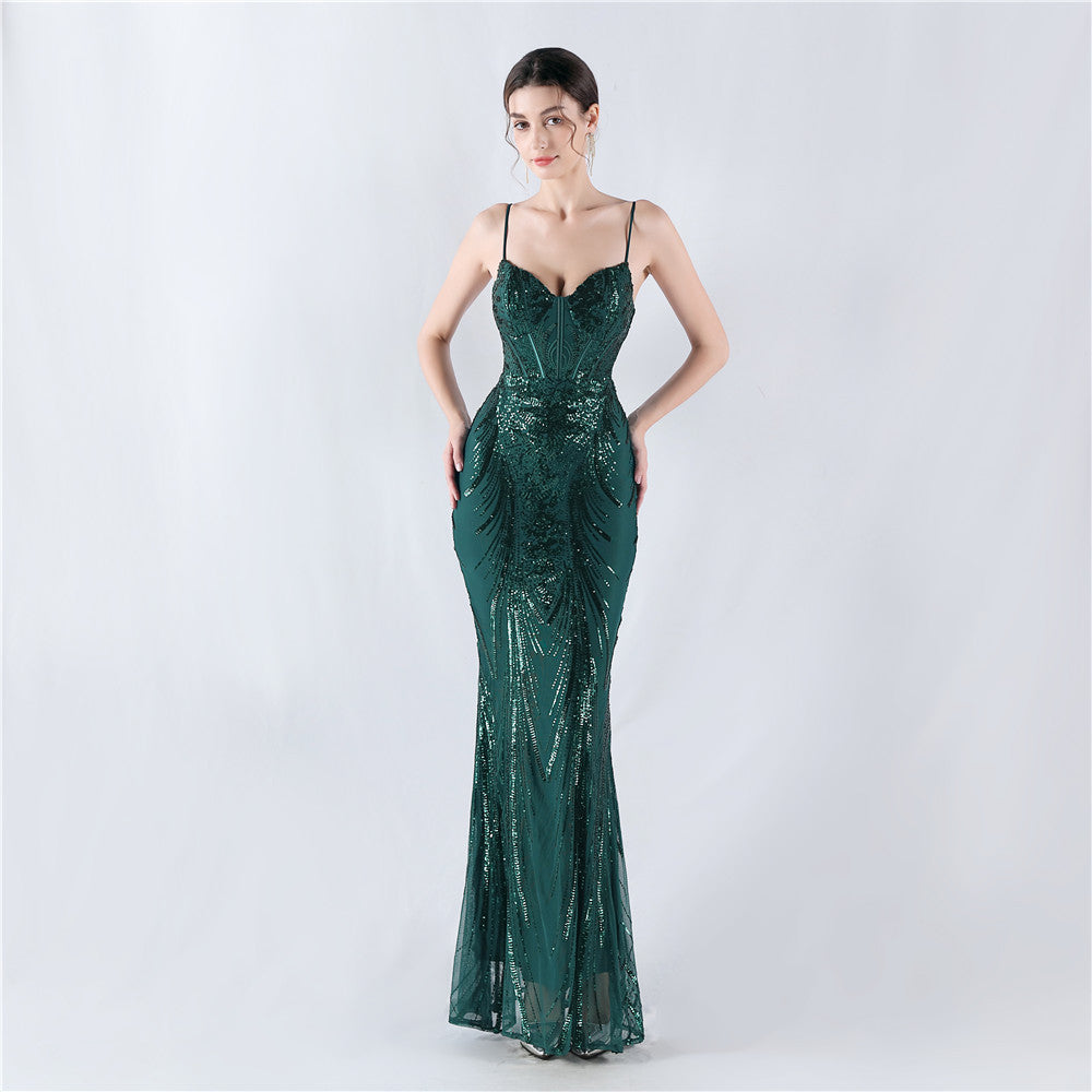 Women Fishbone Sequin Positioning Flower Evening Dress 15