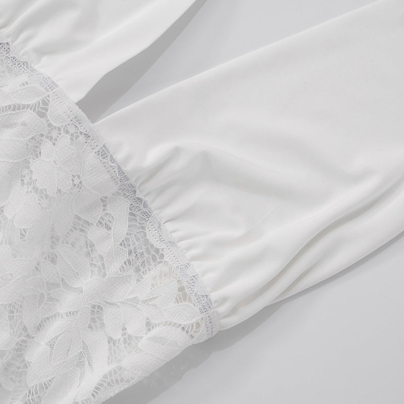 Women Sexy Halter Neck Lace Patchwork Gathered Tie Bodycon Dress 17