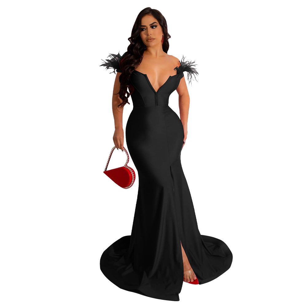 Women solid color v-neck sleeveless slit mermaid dress evening dress 10