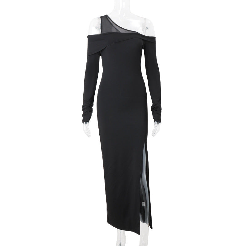 Women autumn sexy Slash Shoulder side slit long sleeve dress 8