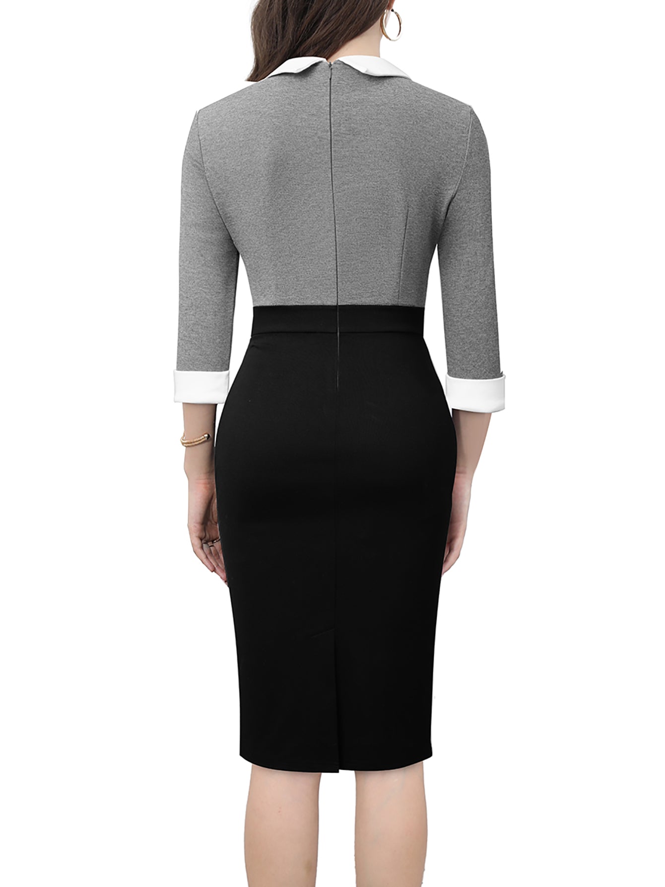 Women Elegant Contrast Turndown Collar Dress with Belt 3