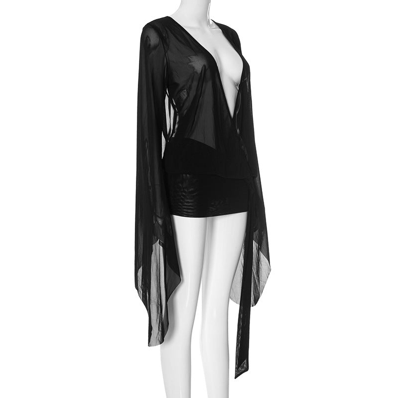 Women's Clothing Sexy Mesh Low-Cut Mini Short Dress 7