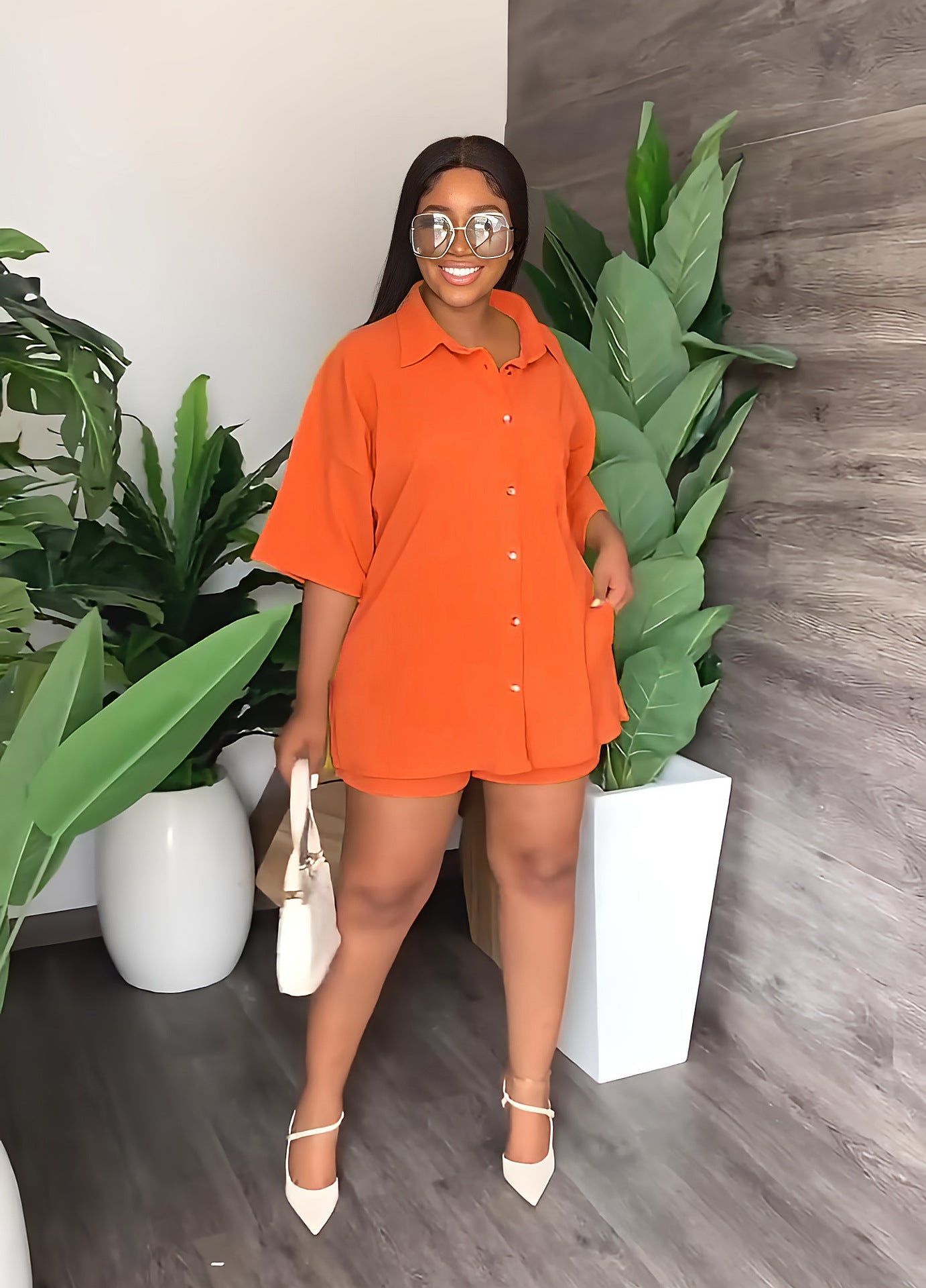 Solid Turndown Collar Long Shirt Casual Shorts Set Women's Two Piece 5