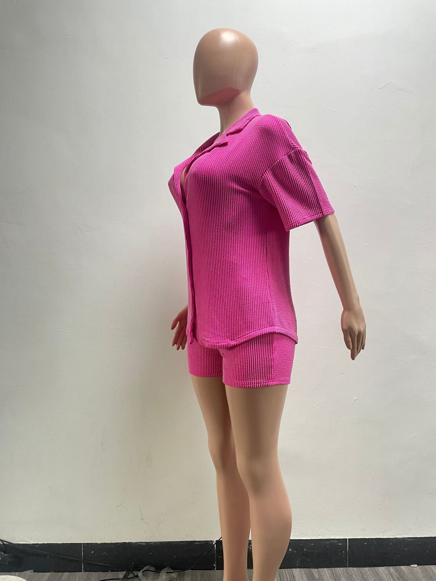 Women's Casual Solid Oclor Turndown Collar Short Sleeve Shirt Shorts Fashion Casual Two Piece Set 11