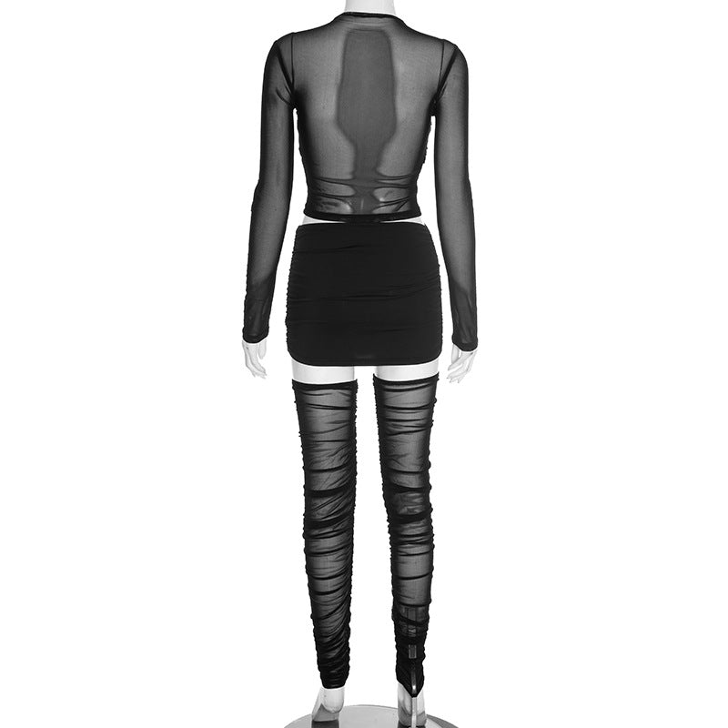 Women Autumn/Winter Cross-Gathered Double-Collared Top and See-Through Mesh Skirt with Three-Piece Knee Pads 5
