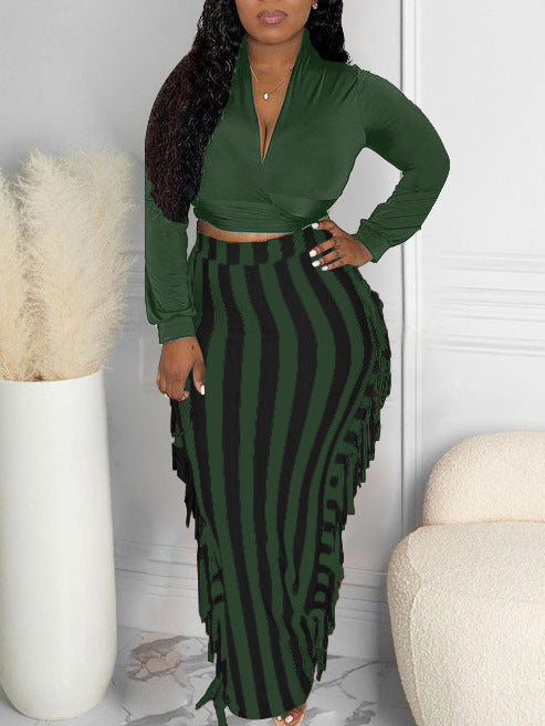 Women Autumn and Winter Top and Lace-Up Tassel Skirt Two-piece Set 5