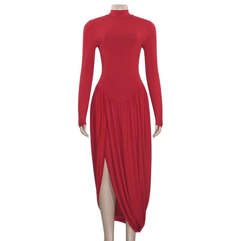 Autumn Solid Color High Neck Long Sleeve Slim Slit Pleated Long Dress 7