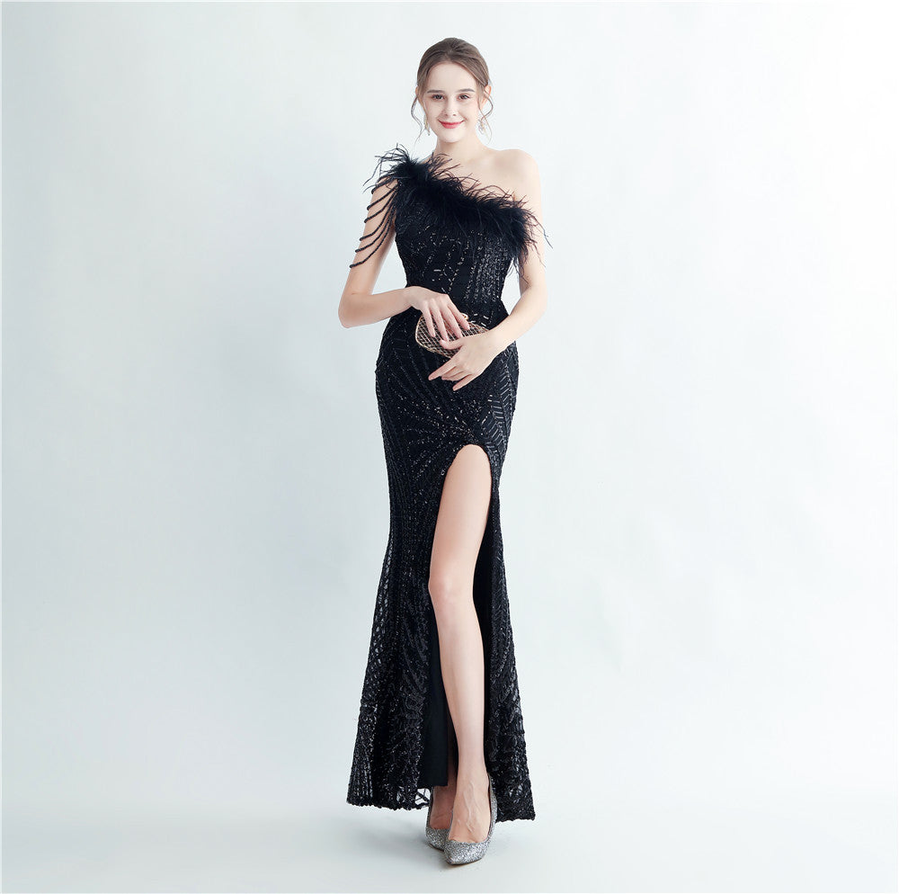 Feather beaded Slash Shoulder formal Party evening dress 12