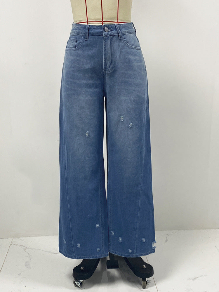Straight Ripped Denim Pants Women's Summer Wide Leg Jeans 8