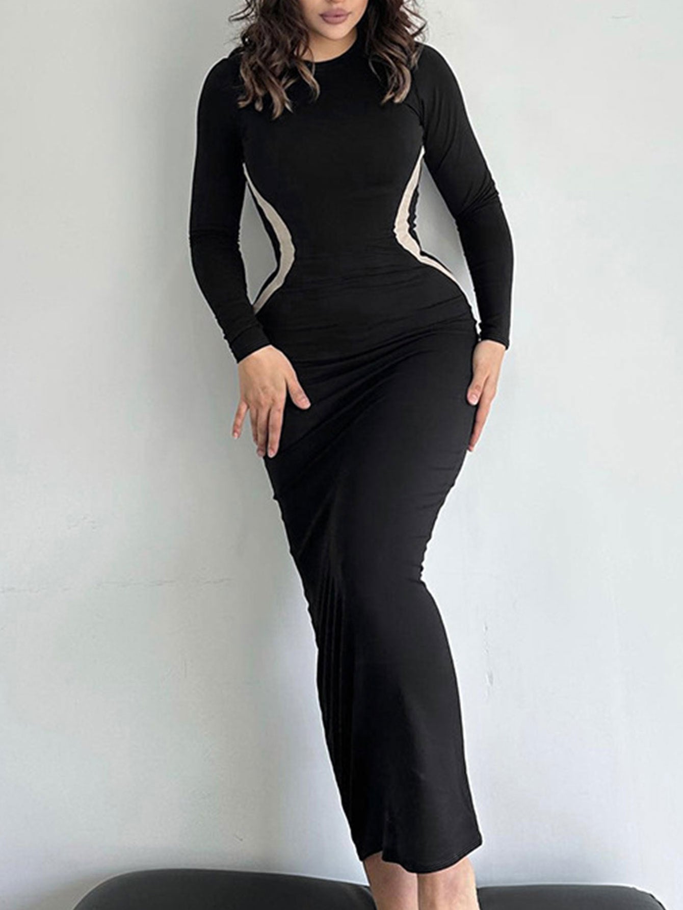 Women Black Patchwork Long Sleeve Bodycon Dress