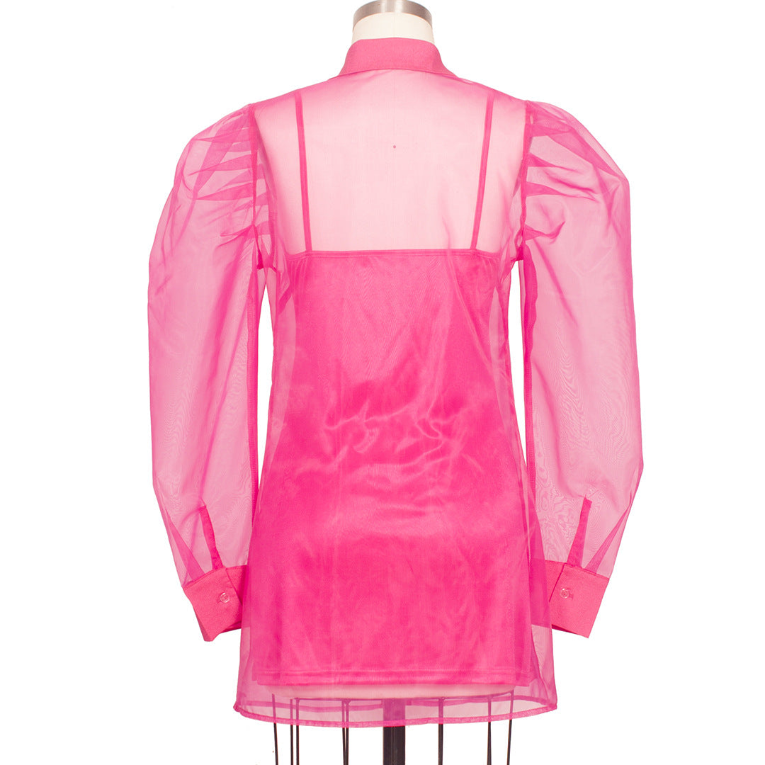 Spring Summer Women's Puff Sleeve Organza Shirt strap Basic Dress Two-Piece Set 11
