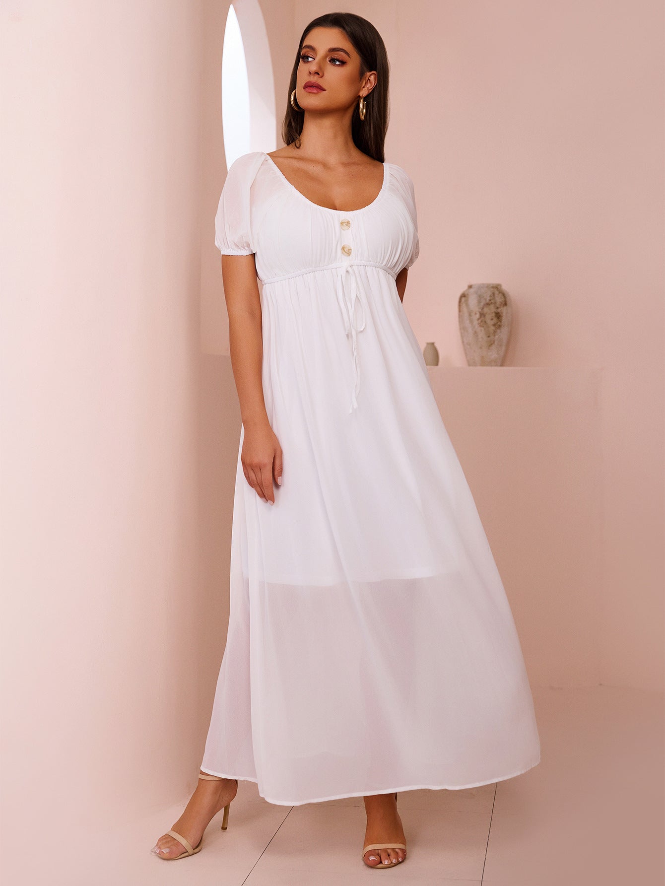 Summer Solid Color Square Neck Cotton Holiday Slim Waist Maxi Dress 5