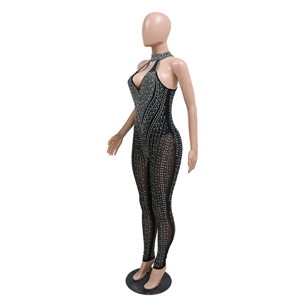 Sexy Cutout Beaded Sexy See-Through Zippered Jumpsuit Slim Fit Sleeveless Trousers 10