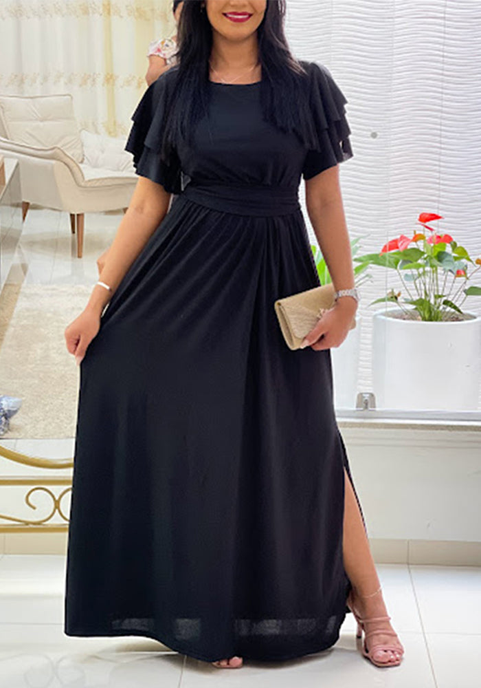 Plus Size Women Long Sleeve Solid Slit Sexy Dress