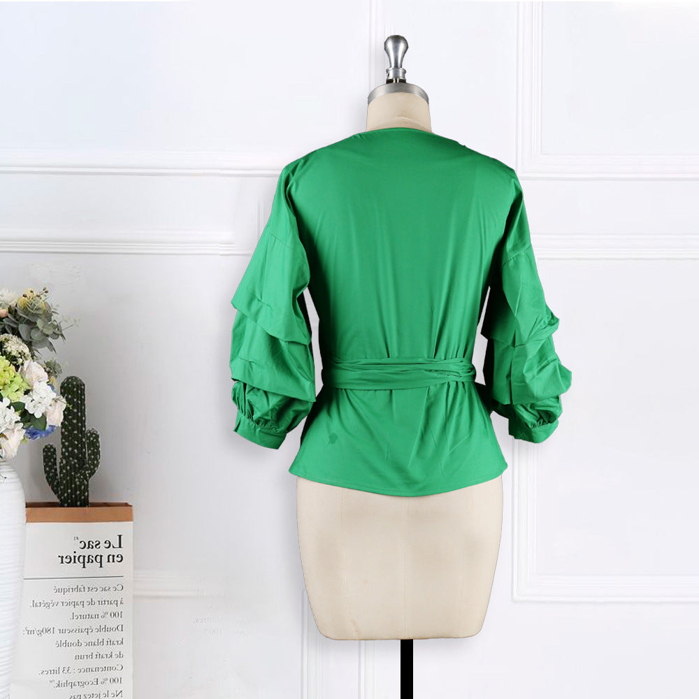 Plus Size Women's Clothing Cross Lace-Up Bubble Sleeve Sexy V-Neck Casual Shirt Top 5