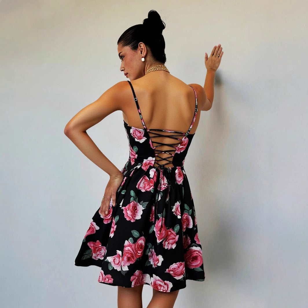 Women French rose print sexy pleated Strap Dress