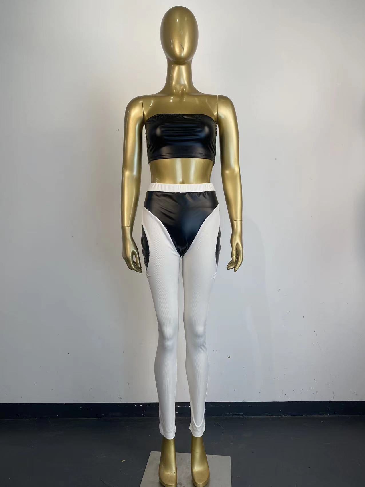 Women Sexy Colorblock Pu Leather Patchwork Strapless Top and Pants Two-Piece Set 7