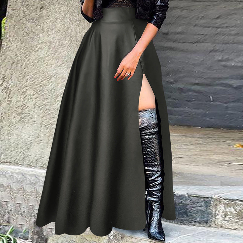 Plus Size Women pu-Leather Zipper Slit Skirt 5
