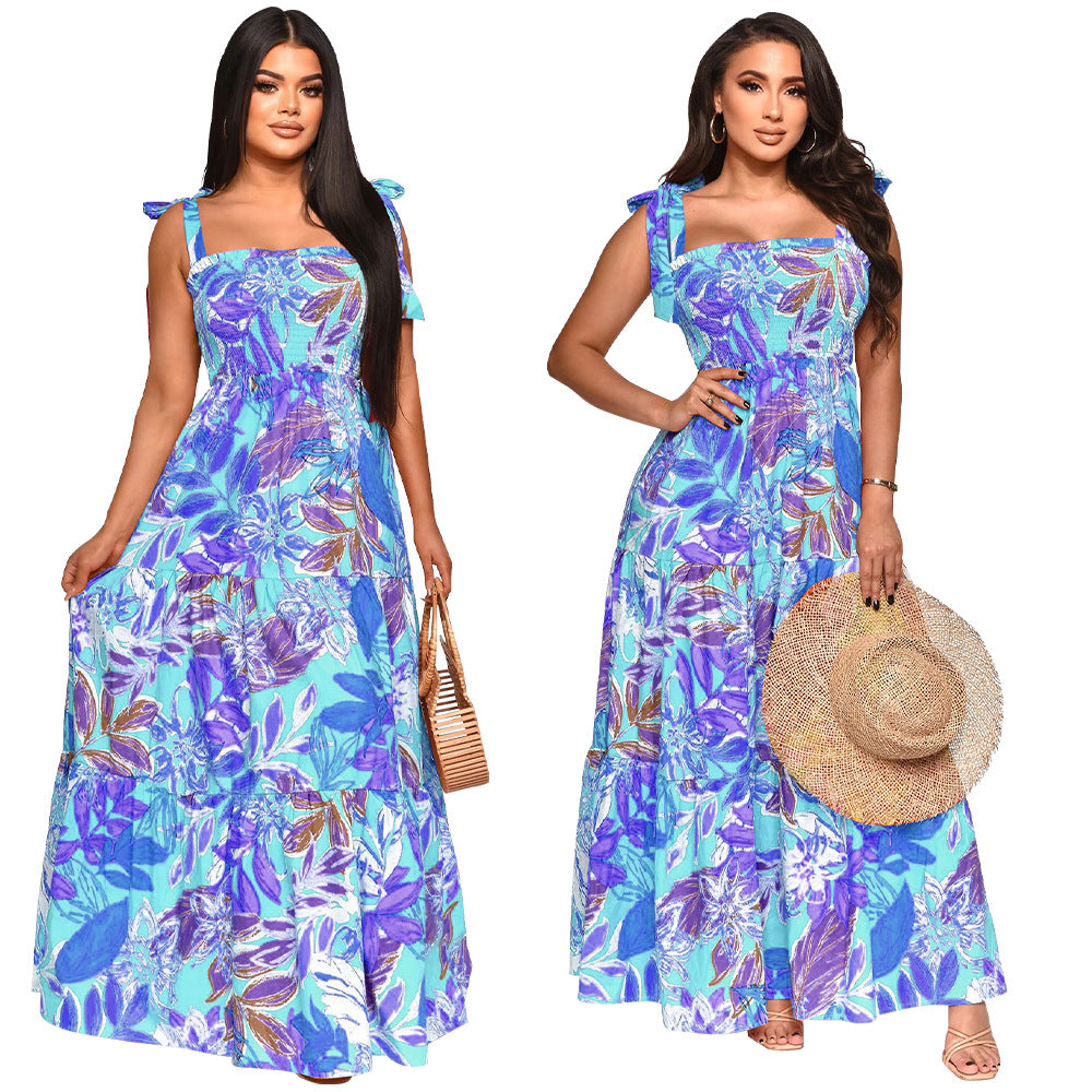 Women Off Shoulder Sleeveless Tie Print Beach Dress