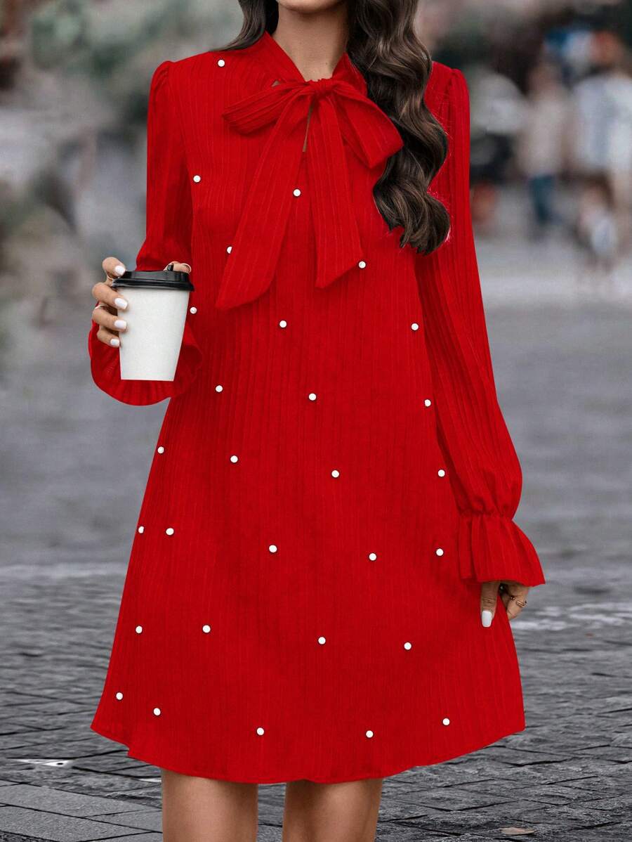 Women Bow Tie Beaded Long-Sleeved Solid Dress 6