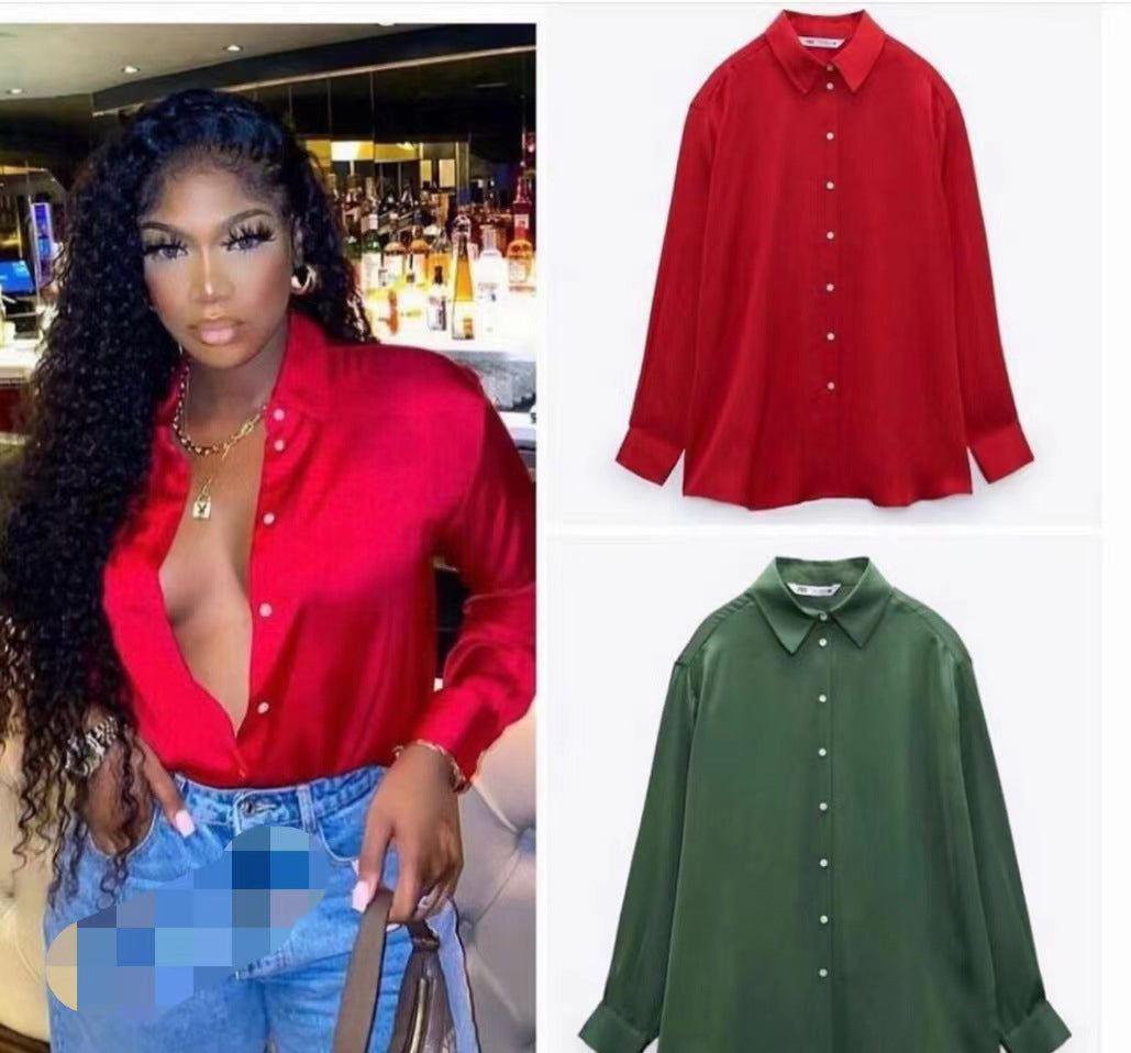 Women Satin Single Breasted Long Sleeve Solid Shirt 10