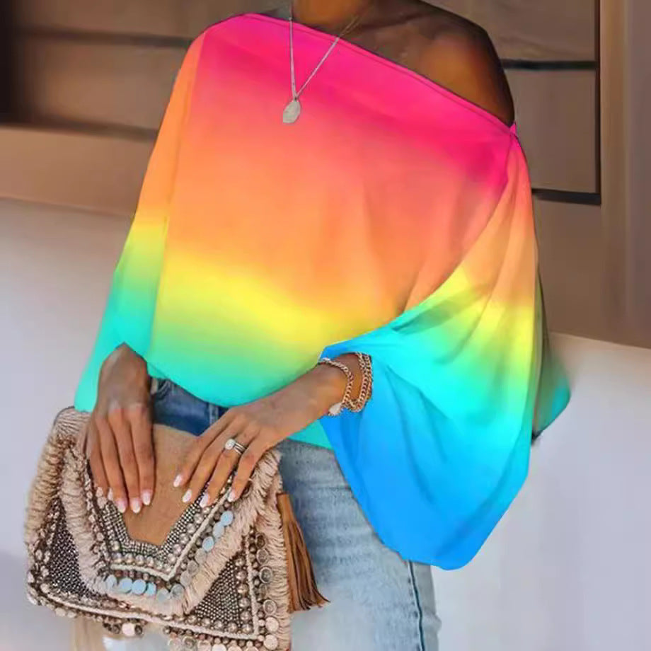 Women's Spring Summer Ladies Fashion Chic Print Loose Slash Shoulder Top 3