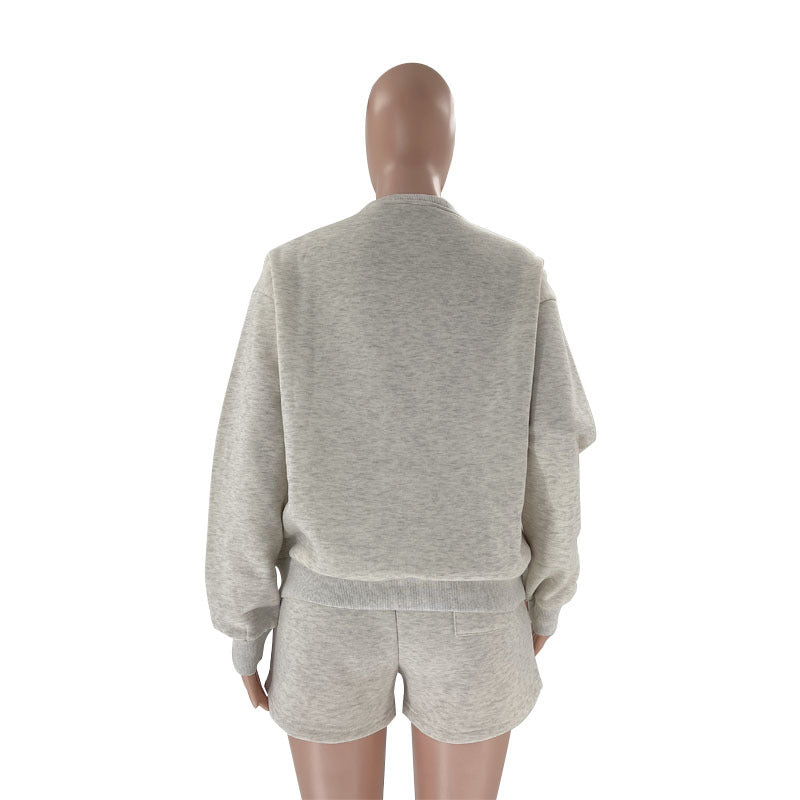 Fall Winter Solid Color Round Neck Pullover Long Sleeve Hoodies Women's Fashion Casual Shorts Two Piece Set 31