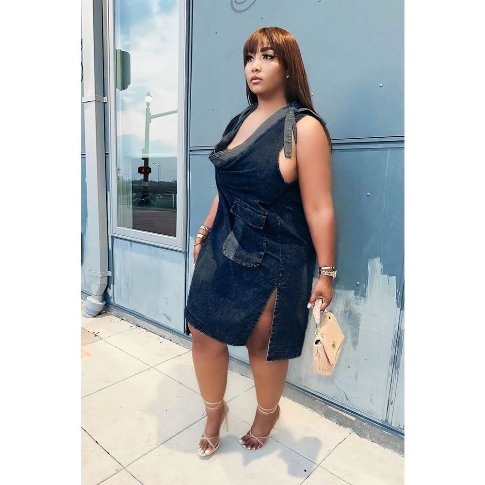 Women Pocket Slit Denim Skirt