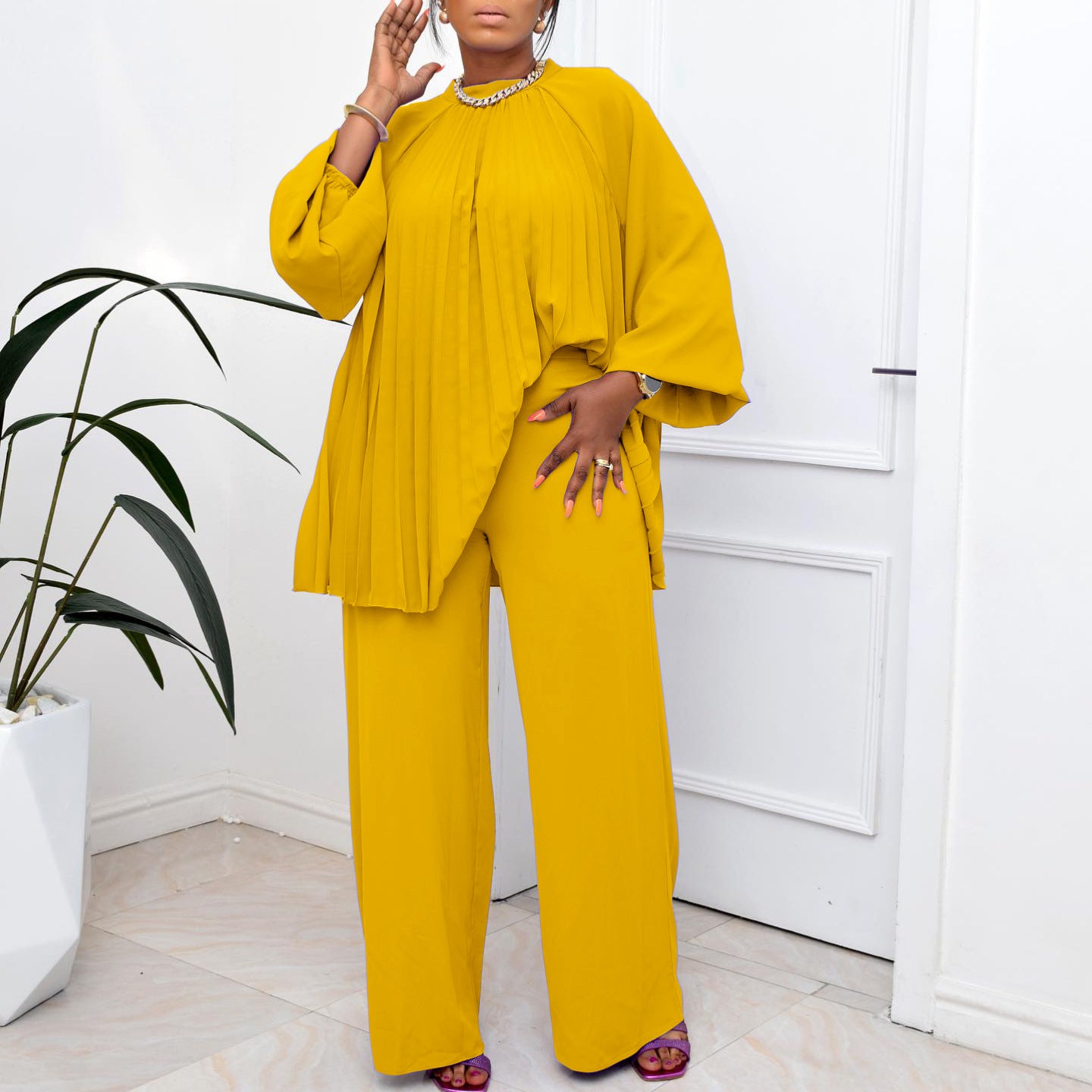 Women's Autumn Fashionable Loose Pleated Plus Size Chic Two Piece Suit 9