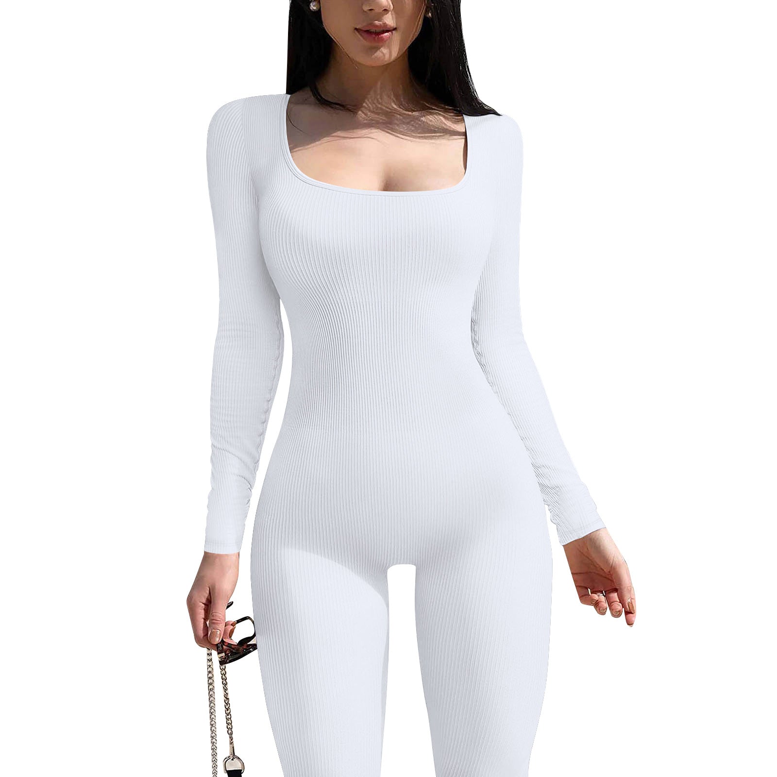 Women's Solid Color Long Sleeve Ribbed Square Neck Low Back Butt Lift Slim Athletic Jumpsuit 8