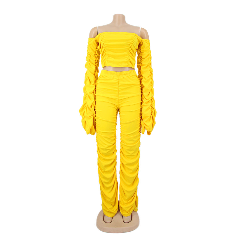 Women Long Sleeve Solid Pleated Off Shoulder Sexy Top and Pant Two-piece Set 16