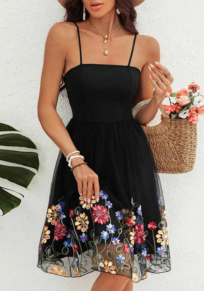 Women Elegant Solid Mesh Embroidered Dress