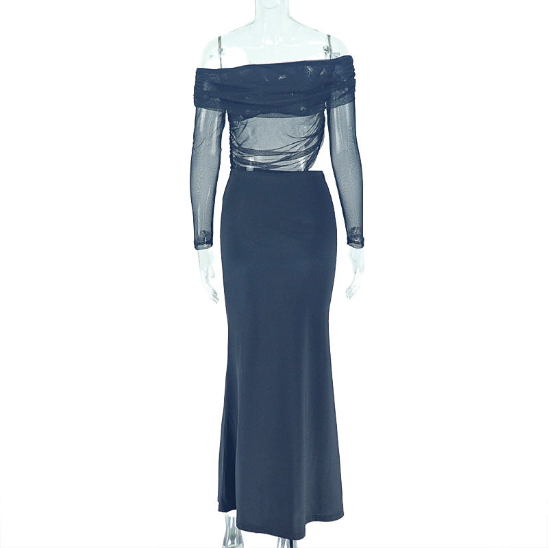 Women's Chic Elegant Irregular Off-Shoulder Long-Sleeve Long Dress 11