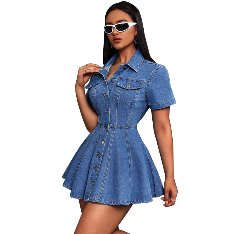 Women Denim Casual Turndown Collar Dress 7