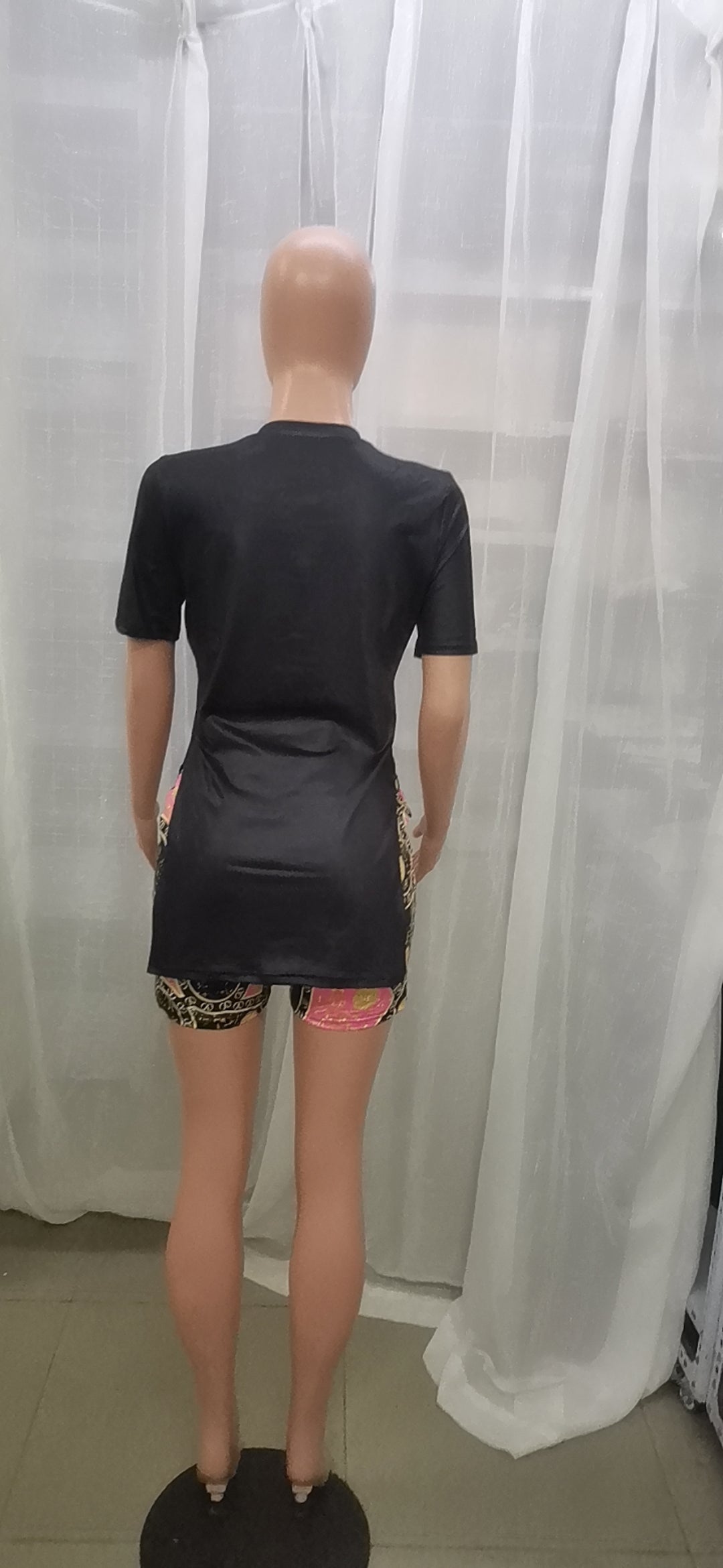 Women Letter Print Slit Short Sleeve Top + Shorts Two-Piece Set 33