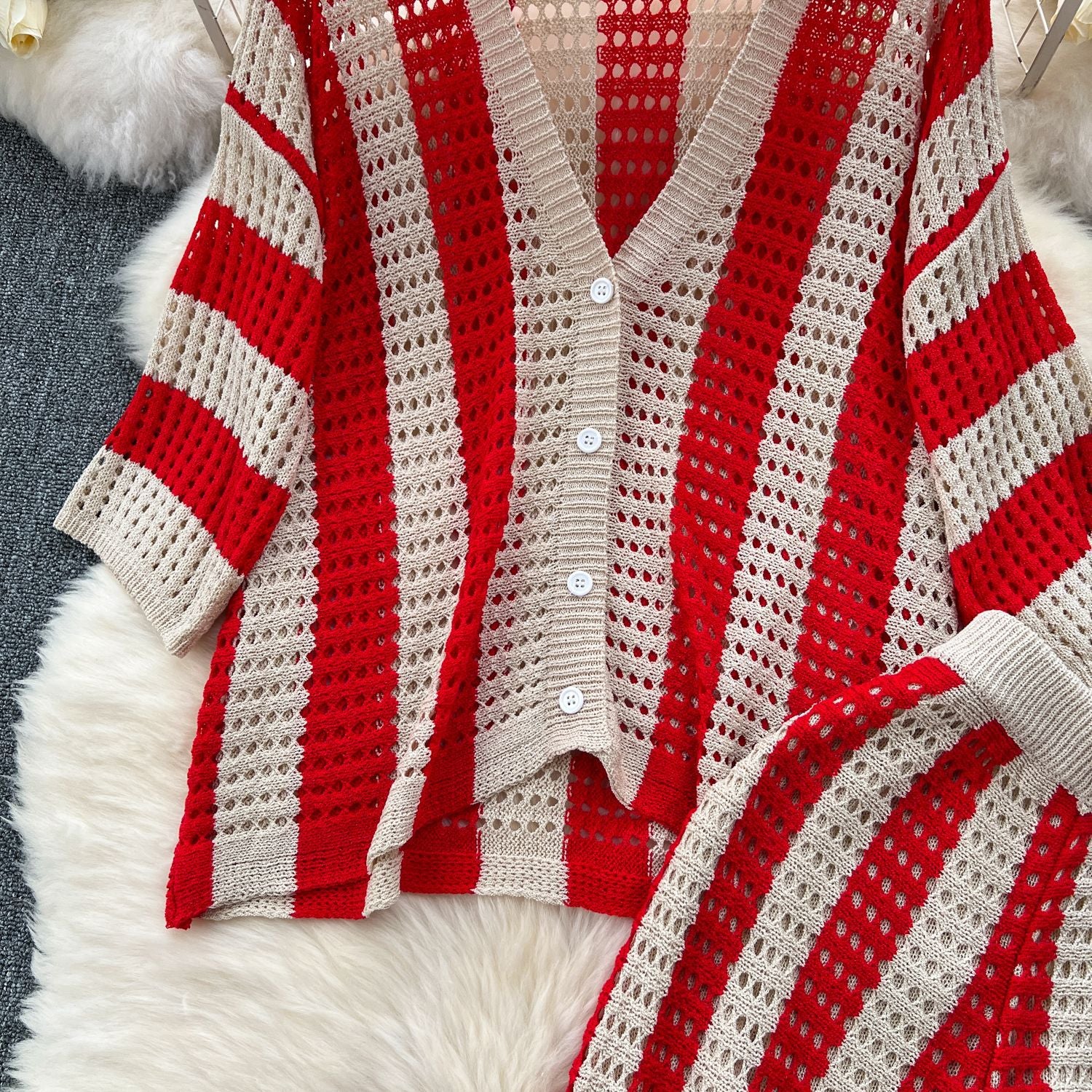 Women's Summer V-Neck Loose Knit Cardigan Top + Wide-Leg Pants Set Color-Block Striped Hollow-Out Outfit 24