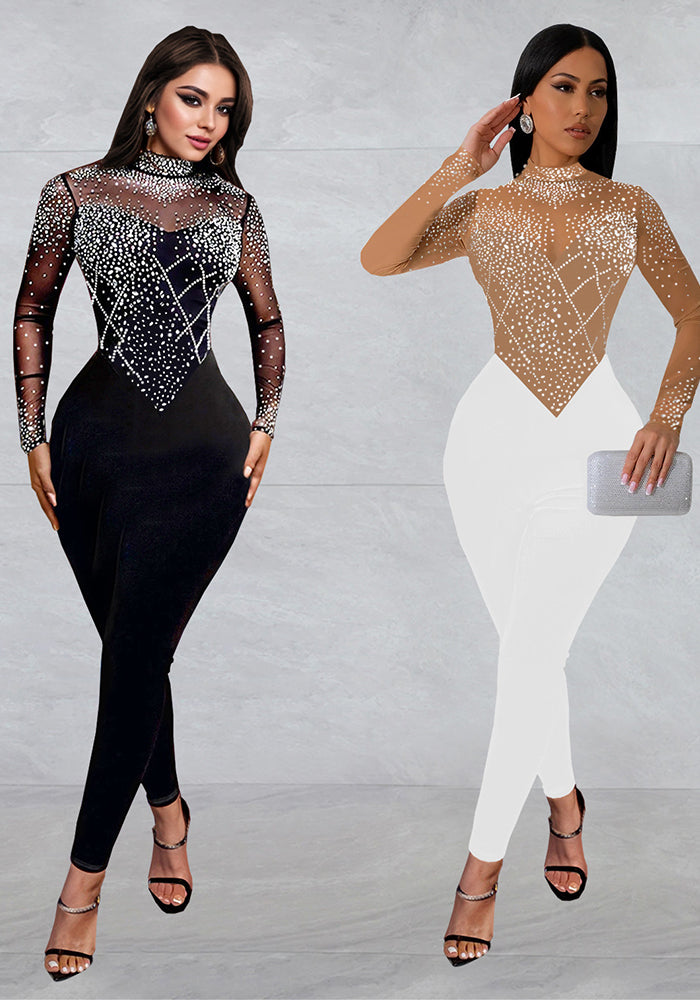 Fashionable Women's Slim Mesh Beaded Long-Sleeved Jumpsuit