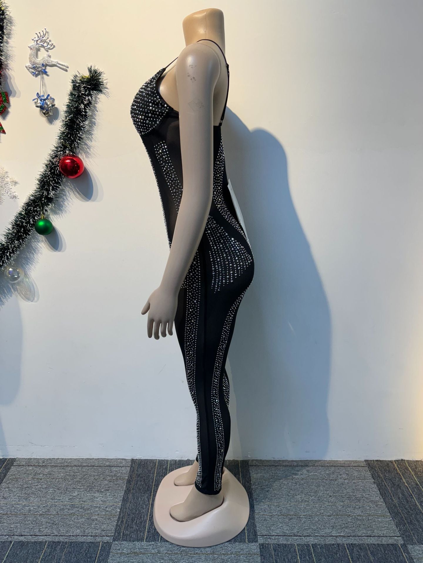 Beaded See-Through Mesh Strap Slim Jumpsuit 7