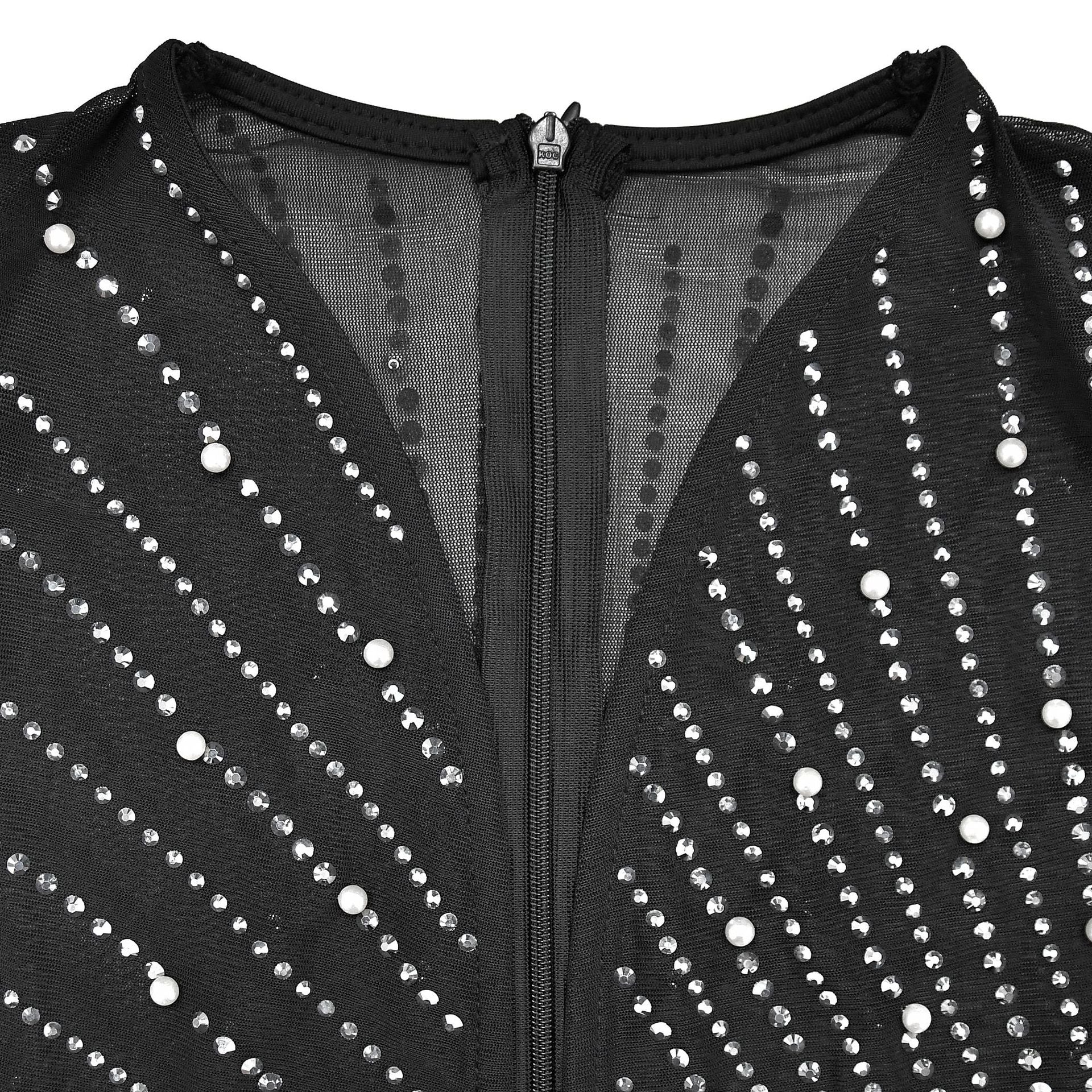 Women's Fashion Solid Color Mesh Beaded Long Sleeve Dress 22